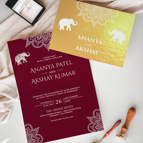 Burgundy Henna Elephant Indian Wedding Gold Foil Card