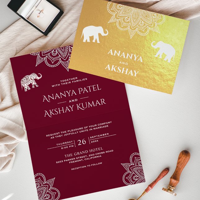 Burgundy Henna Elephant Indian Wedding Gold Foil Card (Creator Uploaded)