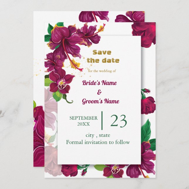 burgundy hibiscus flowers rose save the date invitation (Front/Back)