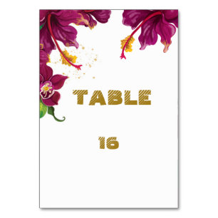 burgundy hibiscus flowers table number card