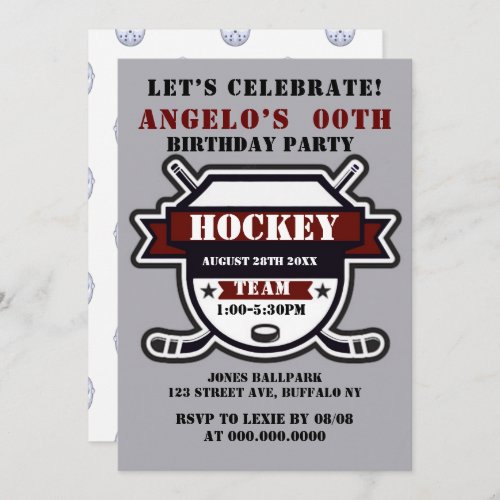 Burgundy Hockey Theme Birthday Party Invites