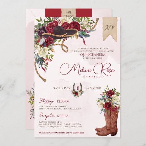 Burgundy Holiday Floral Western Charro Quinceanera Invitation