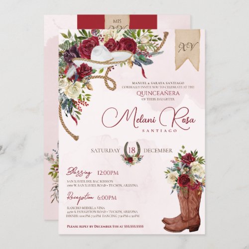 Burgundy Holiday Floral Western Charro Quinceanera Invitation