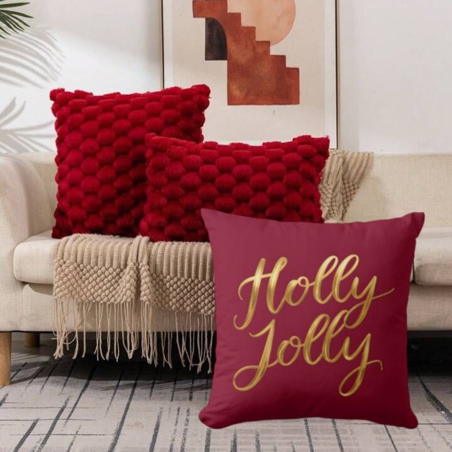 Burgundy Holly Jolly - Gold Script Holiday Decor Throw Pillow (Burgundy Holly Jolly - Gold Script Holiday Decor Throw Pillow)