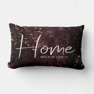 Burgundy Home script gold splash Throw Pillow