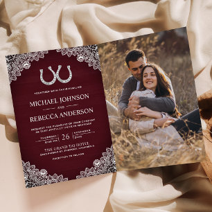 Burgundy Horseshoes Lace Photo QR Code Wedding Invitation