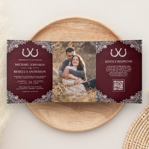 Burgundy Horseshoes Lace Photo QR Code Wedding Tri-Fold Invitation