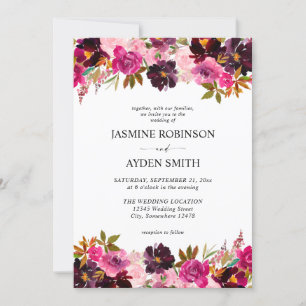Burgundy, Hot & Blush Pink & Purple Floral Wedding Invitation