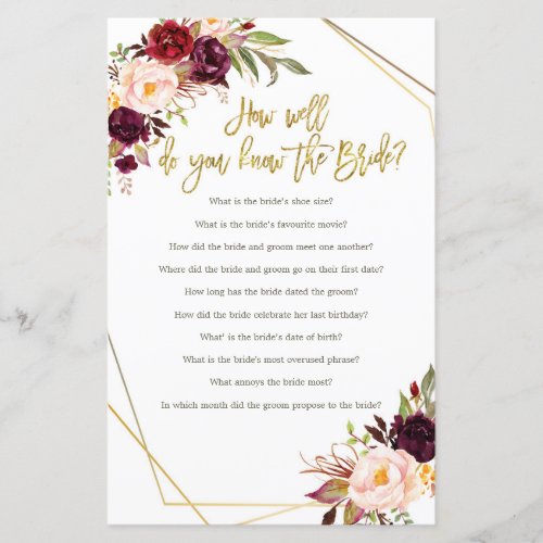 Burgundy How well do you know The Bride Game card