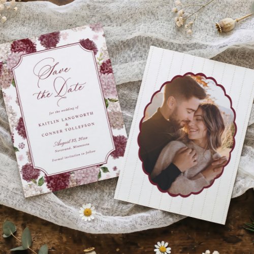 Burgundy Hydrangea Elegant Floral Photo Wedding Save The Date