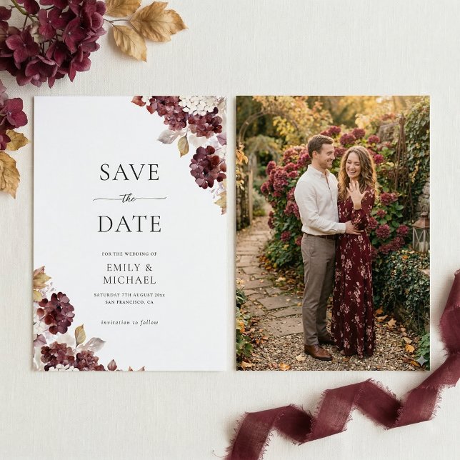 Burgundy Hydrangea Fall Save The Date Card (Creator Uploaded)