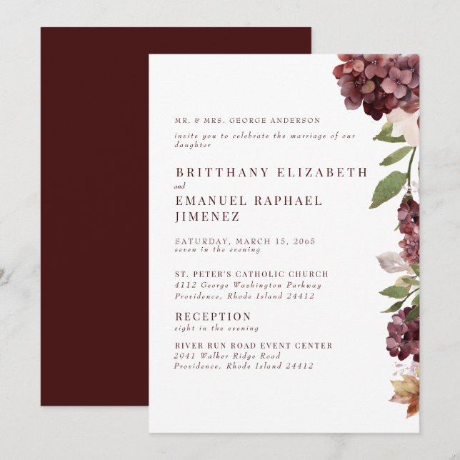 Burgundy Hydrangeas Floral 2 Venue Wedding Invitation (Front/Back)