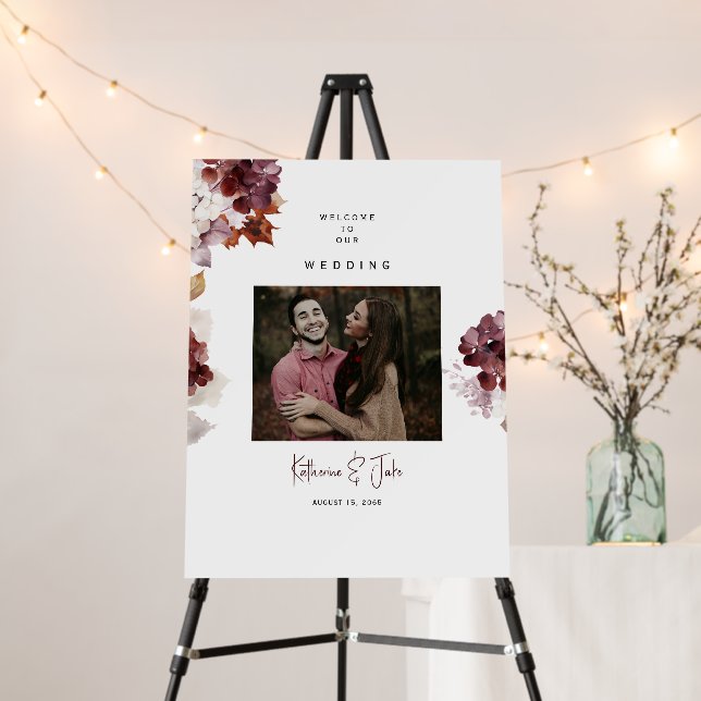 Burgundy Hydrangeas Photo Wedding Welcome Sign (In Situ (Stand))