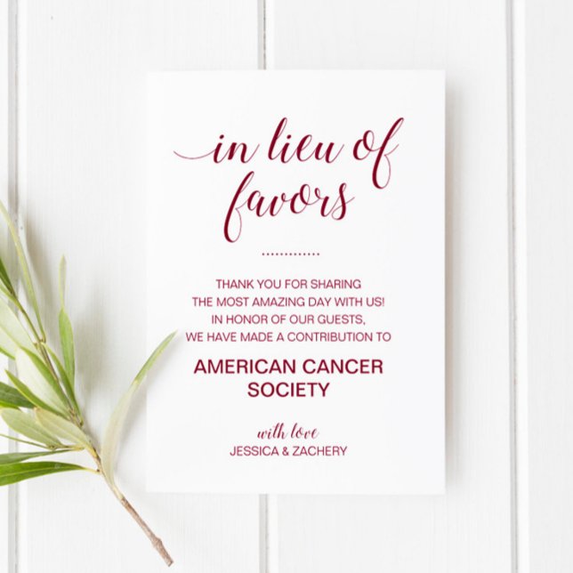 Burgundy In Lieu Of Favor Charity Donation Wedding Place Card (Creator Uploaded)