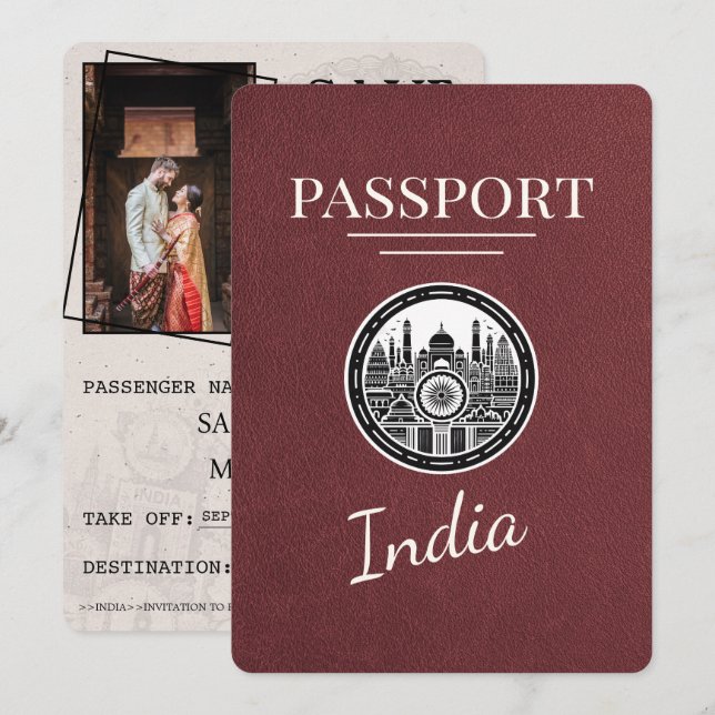 Burgundy India Passport Save The Date (Front/Back)