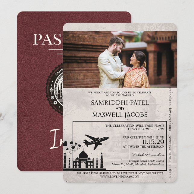 Burgundy India Passport Wedding Invitation (Front/Back)