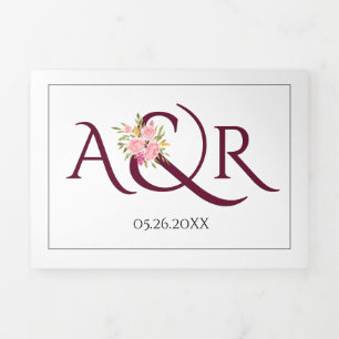 Burgundy initials and ampersand pink roses wedding Tri-Fold invitation