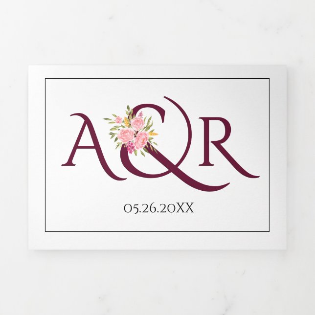 Burgundy initials and ampersand pink roses wedding Tri-Fold invitation (Cover)