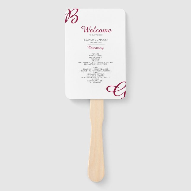 Burgundy Initials Autumn Fall Wedding Program  Hand Fan (Front)