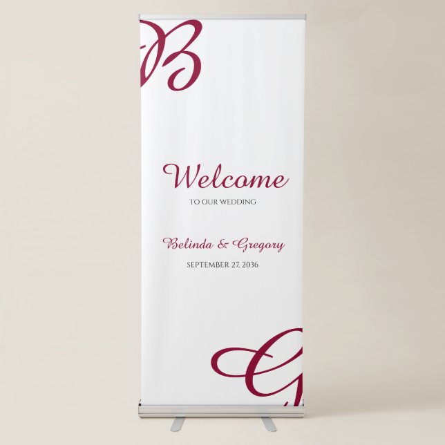 Burgundy Initials Autumn Fall Wedding Welcome  Retractable Banner (Front)