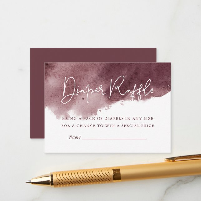 Burgundy Ink Wash Baby Shower Diaper Raffle Enclosure Card (Front/Back In Situ)