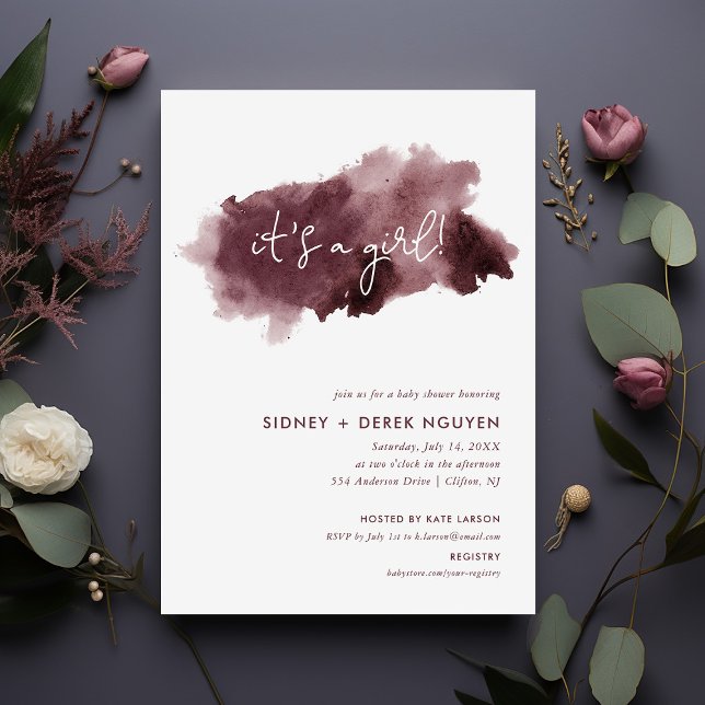 Burgundy Ink Wash It's a Girl Baby Shower Invitation (Creator Uploaded)