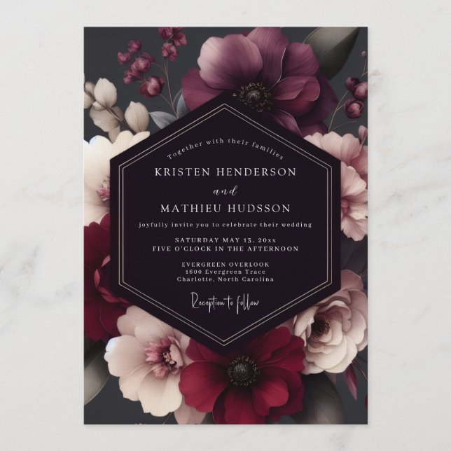Burgundy Inky Floral Winter Wedding Invitation (Front)