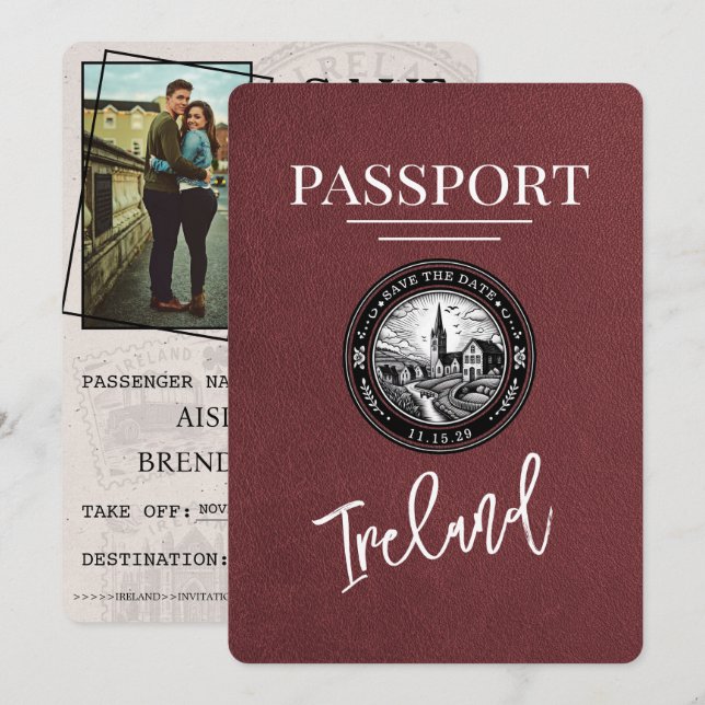 Burgundy Ireland Passport Save The Date (Front/Back)