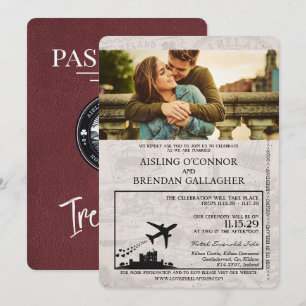 Burgundy Ireland Passport Wedding Invitation