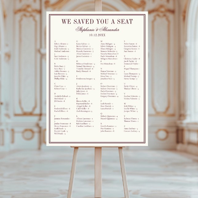 Burgundy Ivory Alphabetical Wedding Seating Chart Foam Board (Creator Uploaded)