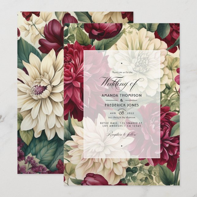 Burgundy, Ivory, and Forest Green Floral Wedding Invitation (Front/Back)