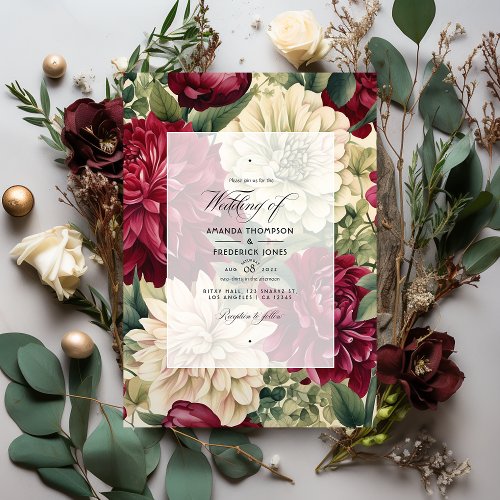 Burgundy Ivory and Forest Green Floral Wedding Invitation
