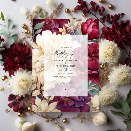 Burgundy Ivory and Gold Floral Wedding Invitation
