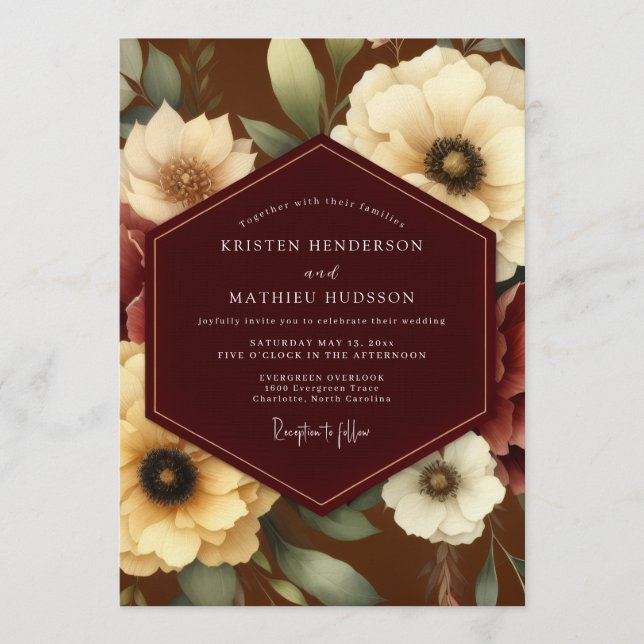 Burgundy Ivory Bloom Wedding Invitation (Front)
