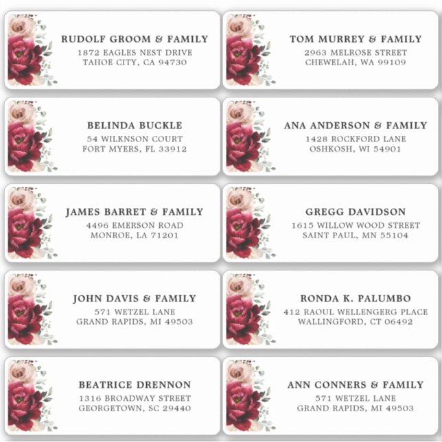Burgundy Ivory Blush Floral Wedding Guest Address  Sticker (Front)