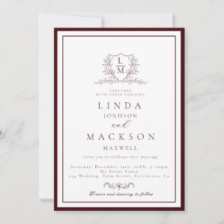Burgundy & Ivory botanical crest monogram wedding Invitation