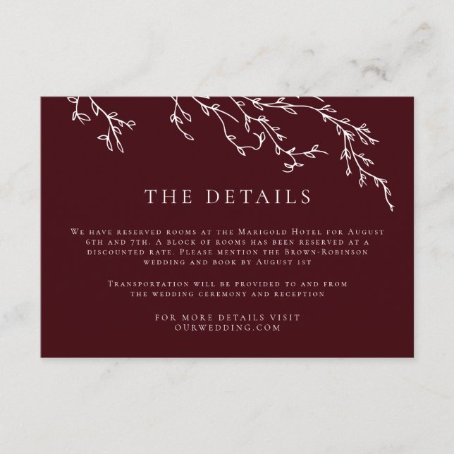 Burgundy & Ivory Botanical Elegant Wedding Enclosure Card (Front)