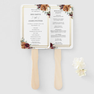 Burgundy Ivory Burnt Orange Floral Wedding Program Hand Fan