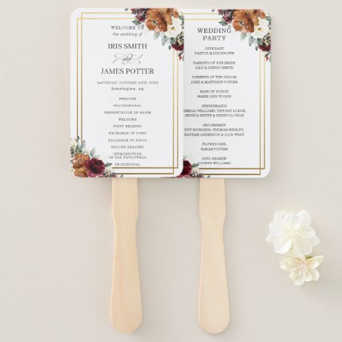 Burgundy Ivory Burnt Orange Floral Wedding Program Hand Fan