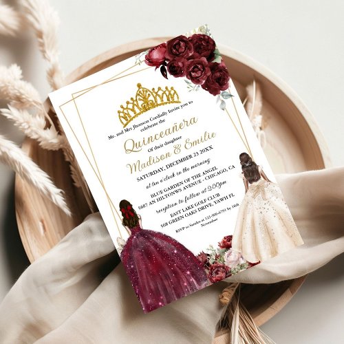 Burgundy  Ivory Butterfly Twin Quinceanera  Invitation