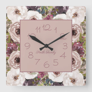 Burgundy Ivory Cream Floral Square Wall Clock