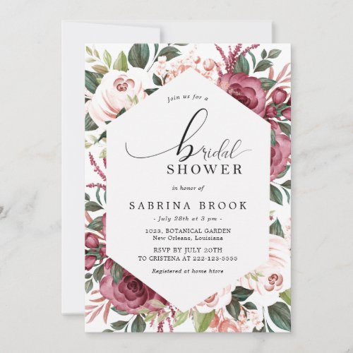  Burgundy Ivory Cream Pink Floral Bridal Shower Invitation