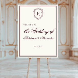 Burgundy Ivory Crest Monogram Wedding Welcome Sign