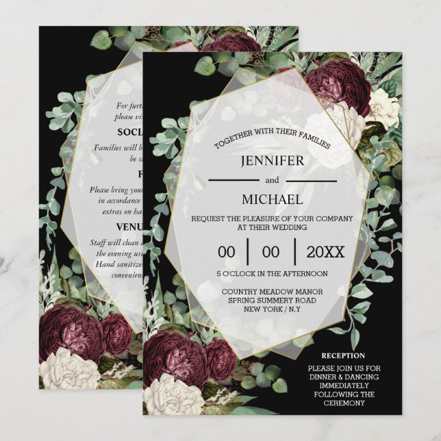 Burgundy ivory dark moody rose eucalyptus   invitation (Front/Back)