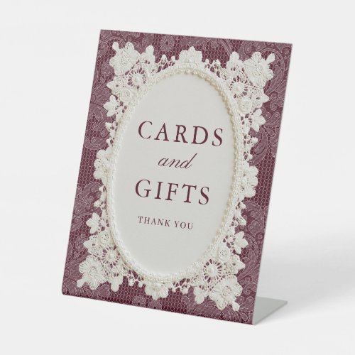 Burgundy Ivory Doily Lace Wedding Cards & Gifts Pedestal Sign