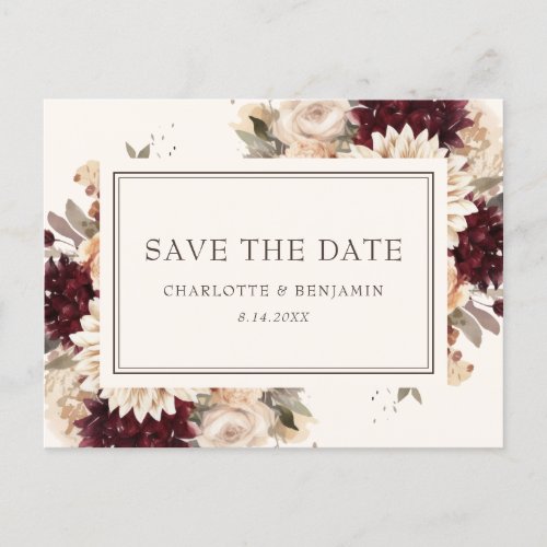 Burgundy Ivory Elegant Floral Wedding Announcement Postcard