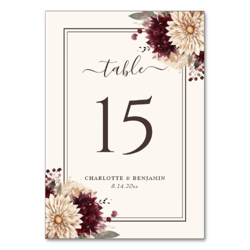 Burgundy Ivory Fall Floral Wedding Table Number