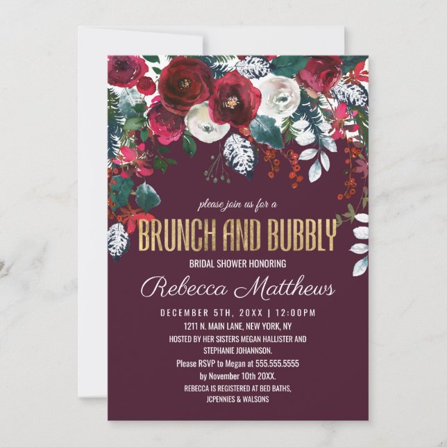 Burgundy Ivory Floral Arrangement Brunch Bubbly Invitation (Front)
