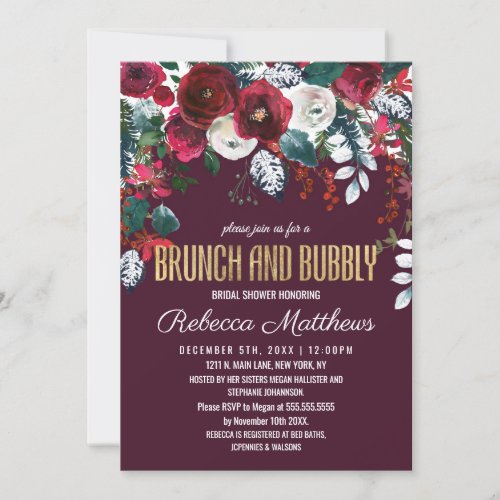 Burgundy Ivory Floral Arrangement Brunch Bubbly Invitation