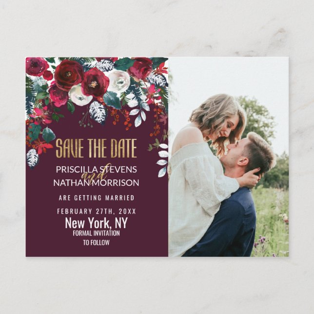 Burgundy Ivory Floral Arrangement Gold Save Date Postcard (Front)
